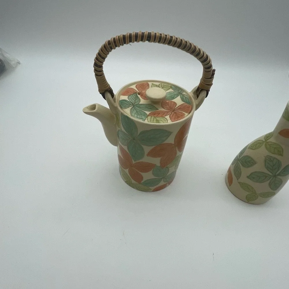 Vintage Otagiri Japanese Sake Tea Set Hand Painted Floral Leaf 6-Piece Ceramic